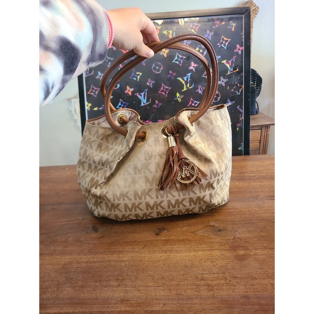Michael Kors East West Signature Jacquard Brown Leather Ring Tote Shoulder Bag
